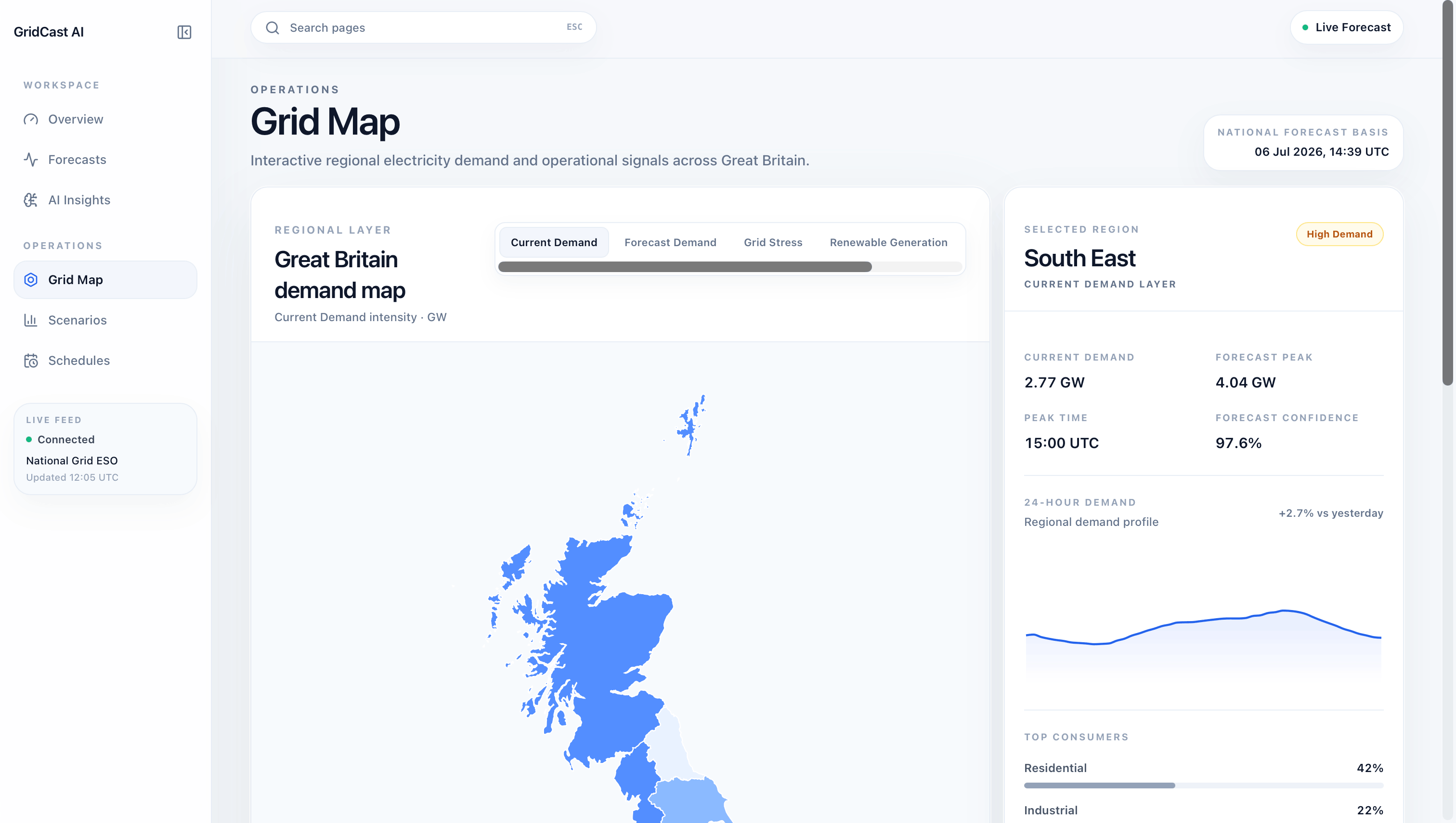 GridCast AI Great Britain regional demand map